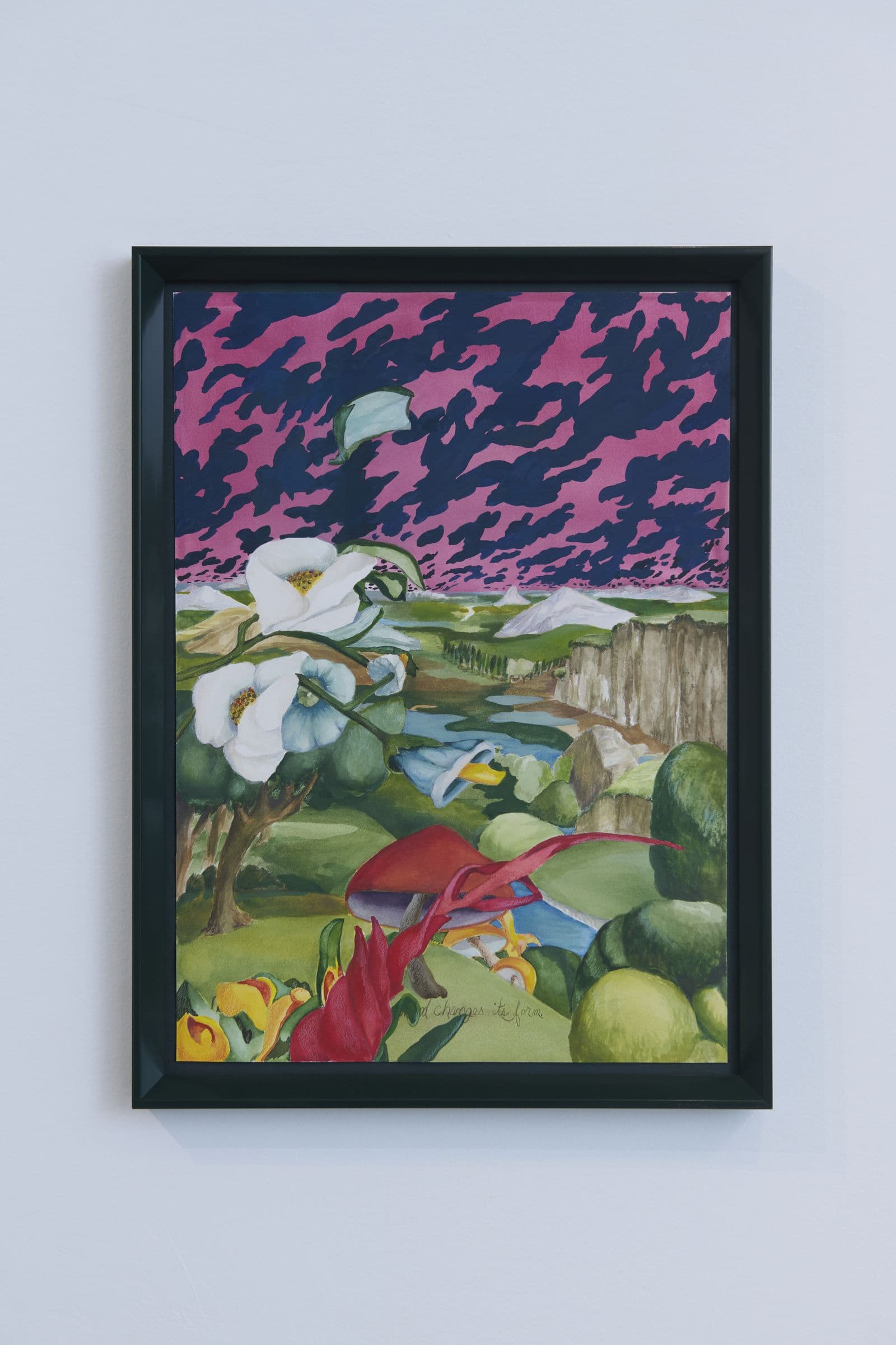 Framed watercolor with a dark sky hanging in the gallery